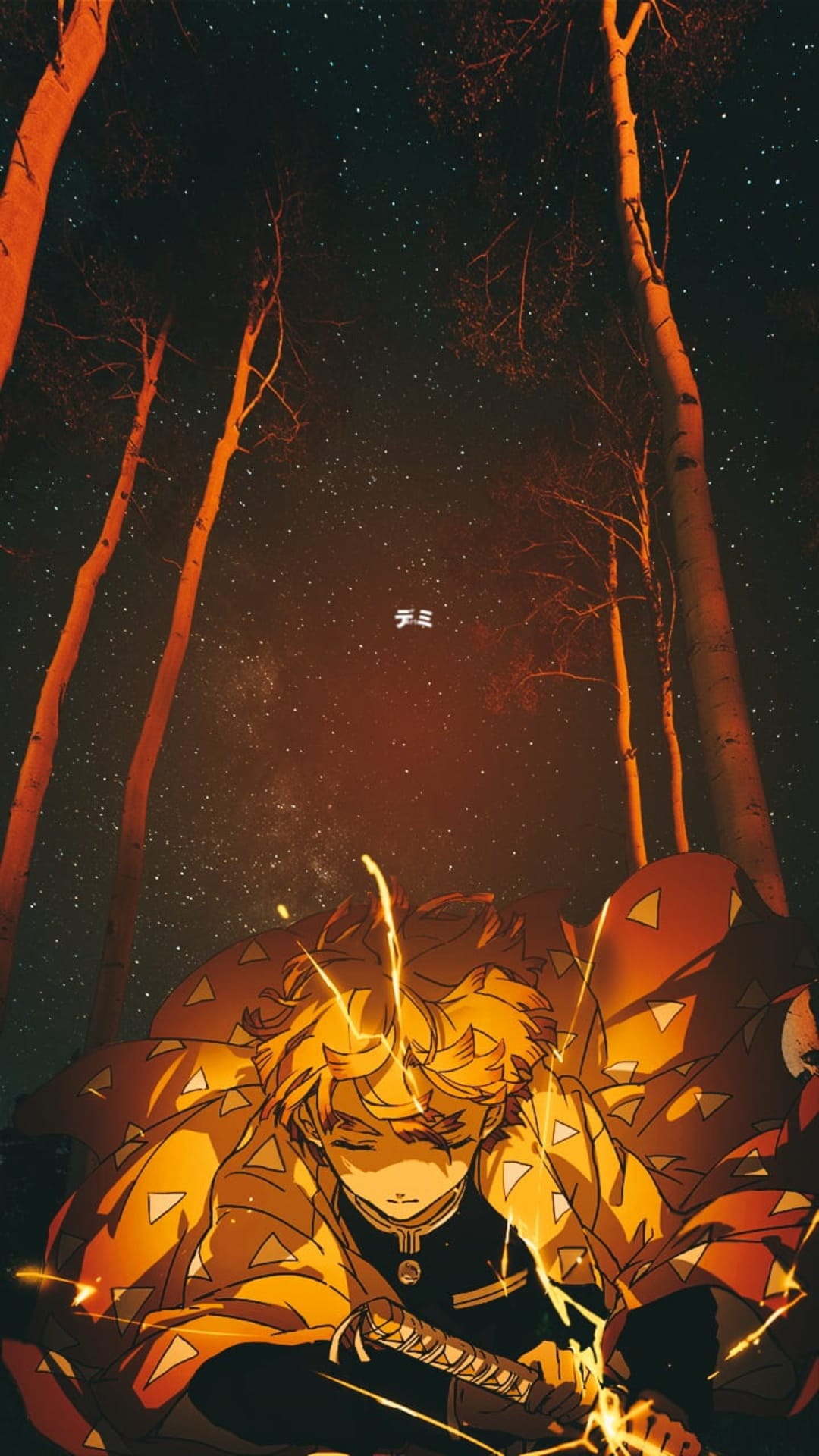 Zenitsu Agatsuma sleeps in a yellow haori while lightning surges around him in a dark starry forest.