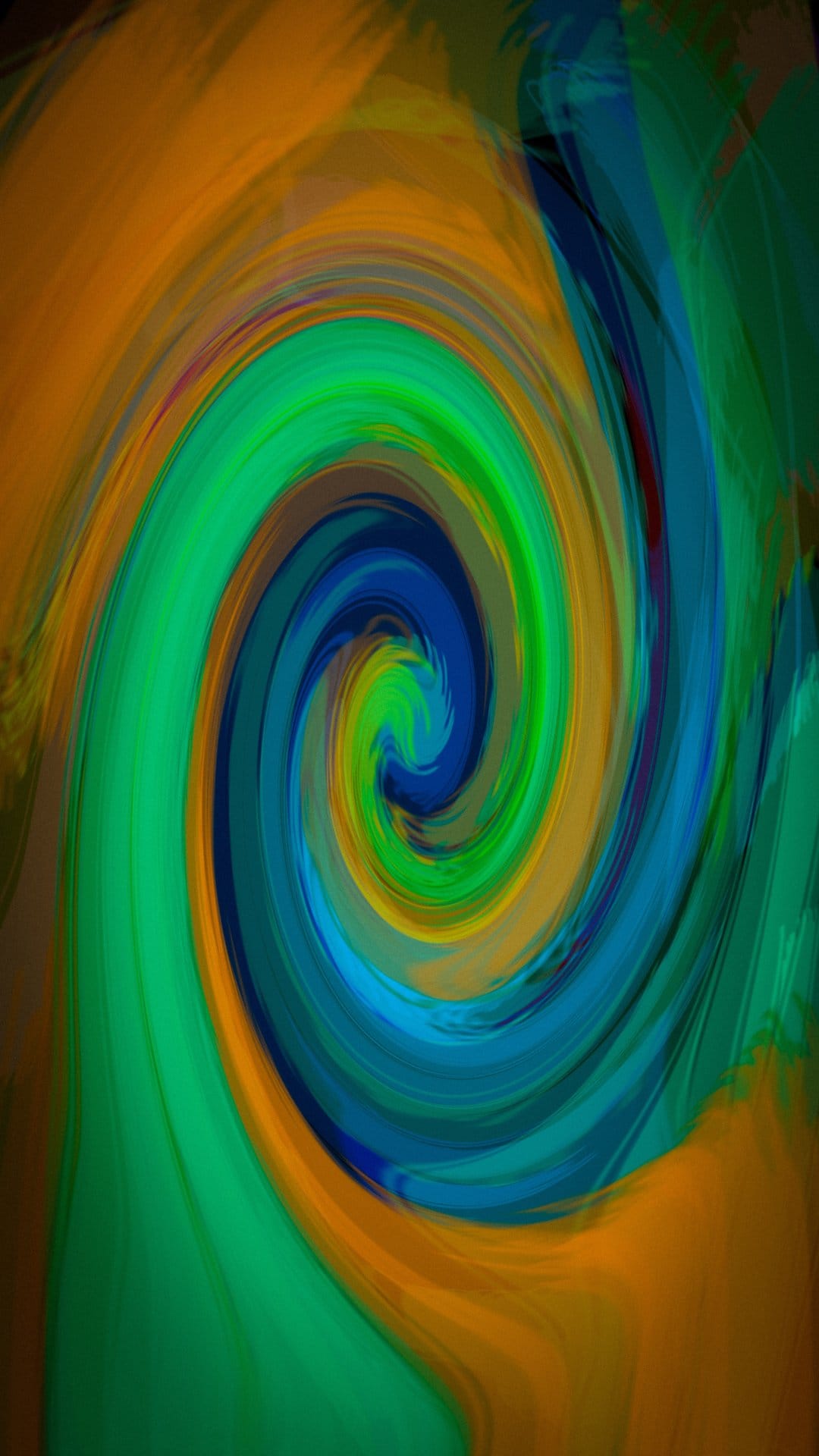 Swirling currents of blue, green, and orange paint form a dense, textured spiral with visible brushstrokes.