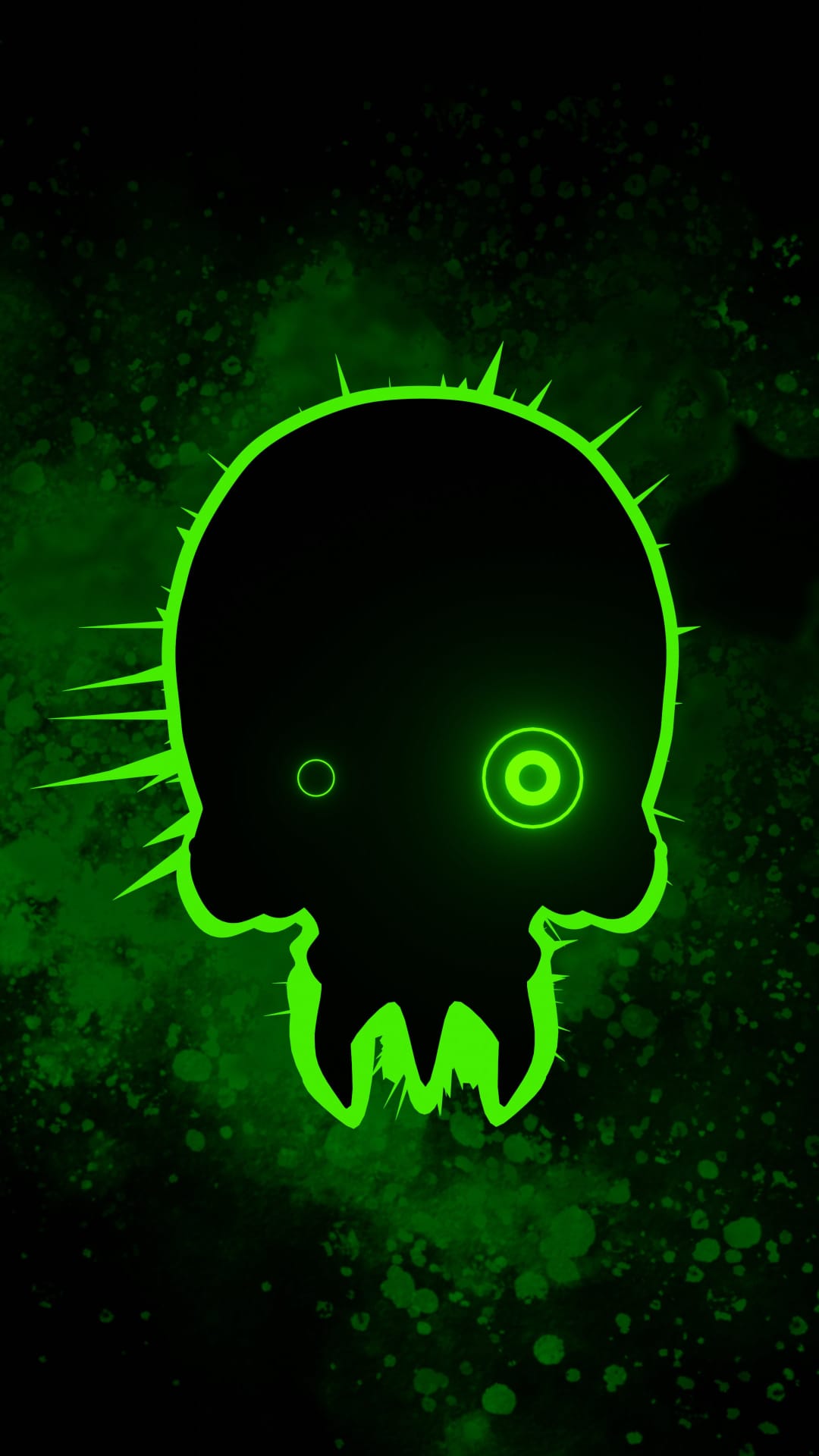 Neon green spiky skull with circular eyes sits against a dark, textured cosmic nebula background.