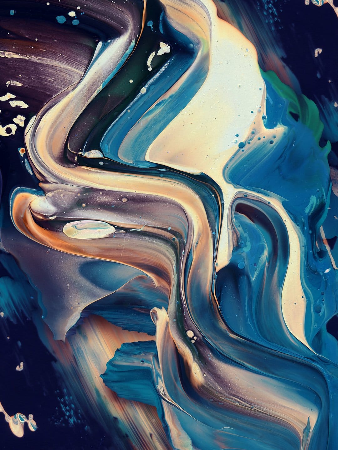 Indigo and purple paint swirls mingle with white cream textures in an organic, marble-like liquid pattern.