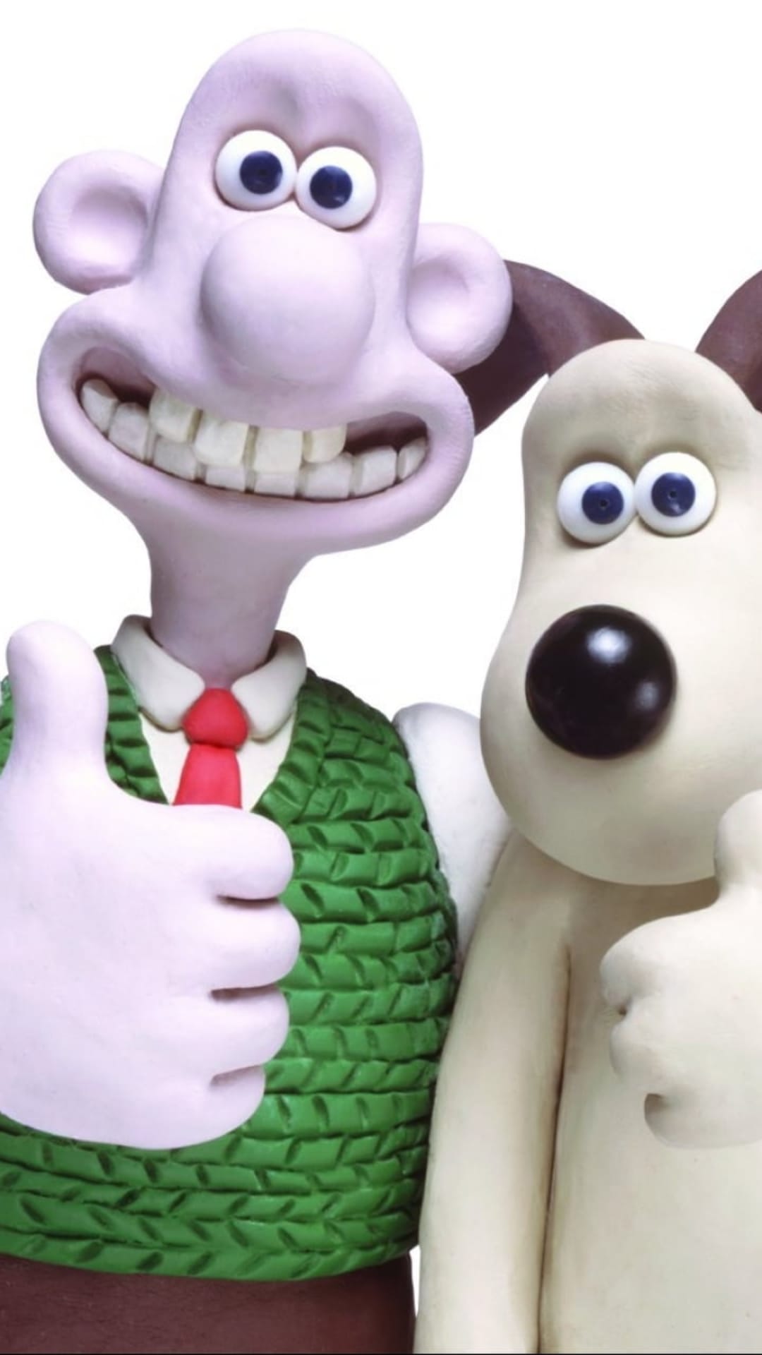 Wallace and Gromit pose with thumbs up against a white background, showcasing detailed claymation textures.