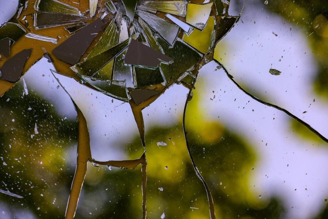 Broken glass fragments reflect soft green and yellow foliage in a macro view with high-contrast sharp edges.