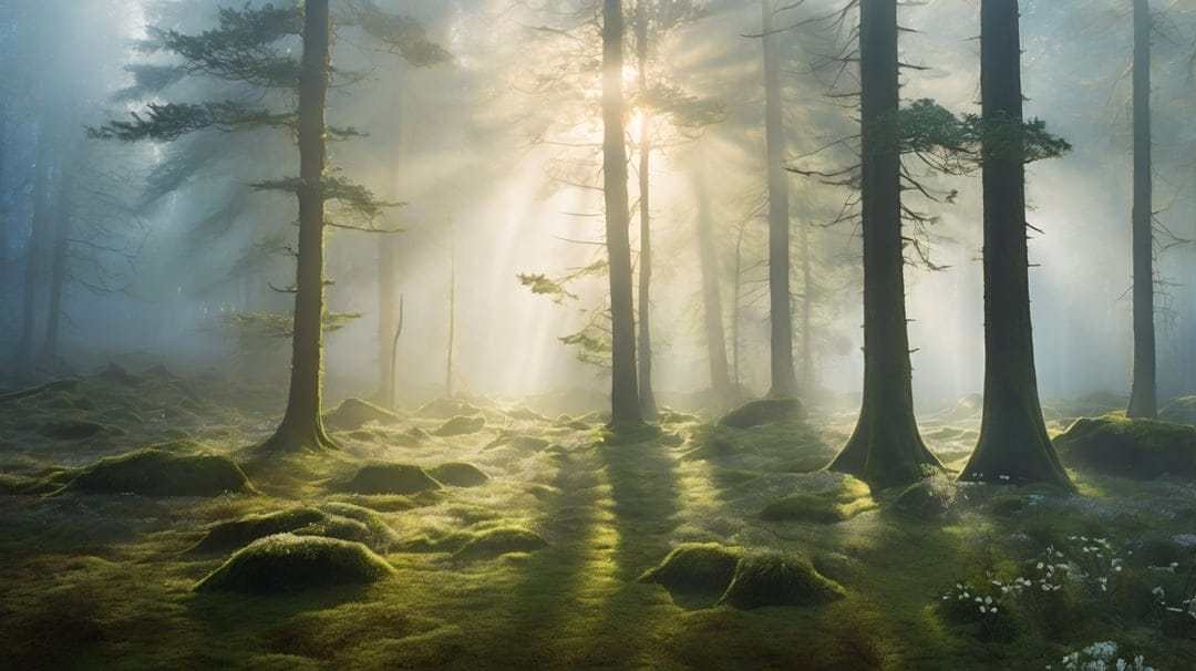 Sunbeams shining through misty trees onto a lush green mossy forest floor with scattered grey rocks.