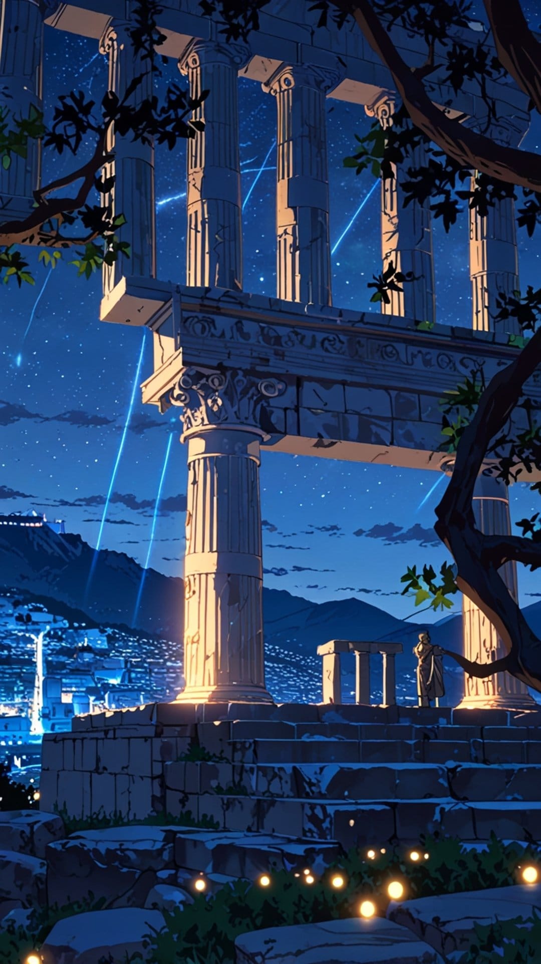 Ancient marble columns and a lone statue overlook a glowing city under a starry sky with shooting stars.
