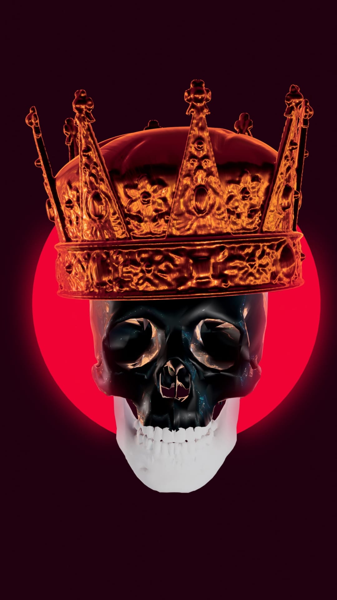 Human skull wearing a detailed golden crown centered inside a bold red circle on a dark backdrop.