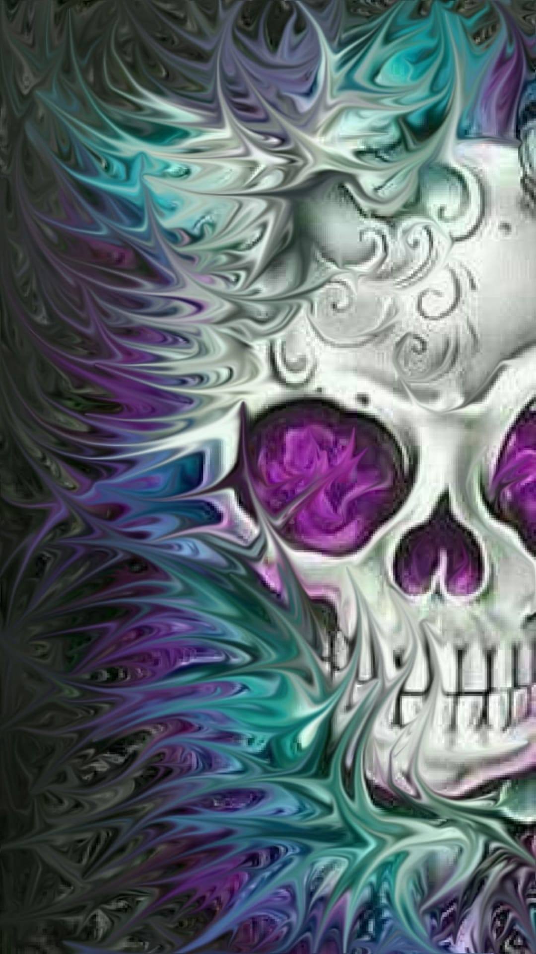 Stylized skull with intricate violet and turquoise liquid swirls flowing across the eye sockets and cranium.