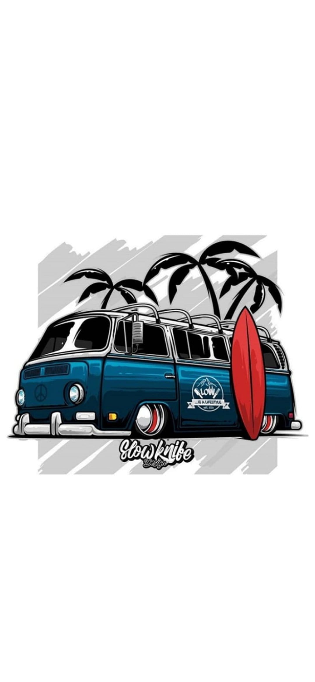 Blue lowered camper van with a red surfboard parked on a beach under palm trees during a sunny summer day.
