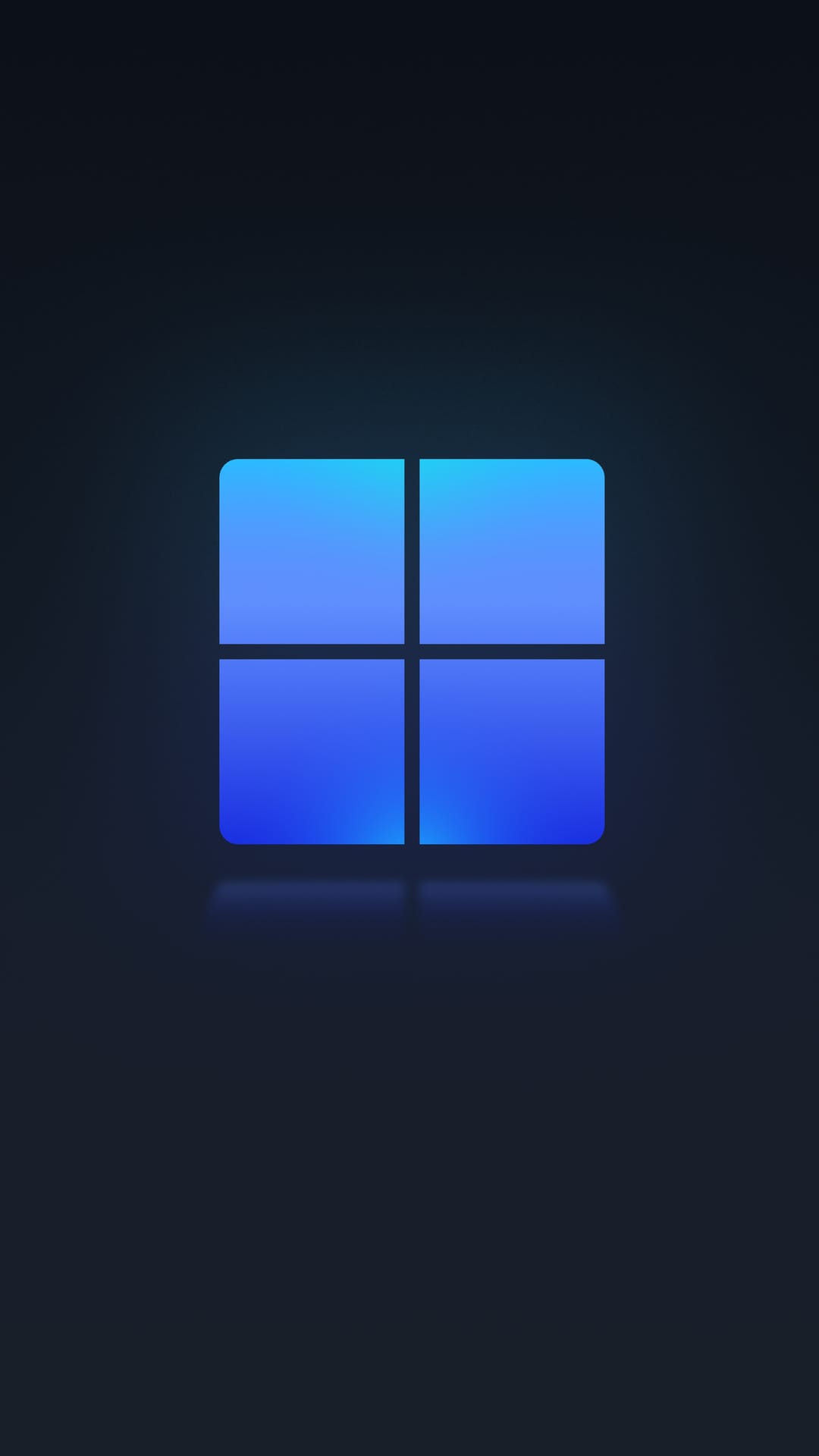 Windows 11 logo with a blue gradient glow centered on a dark navy and black minimalist background for mobile.