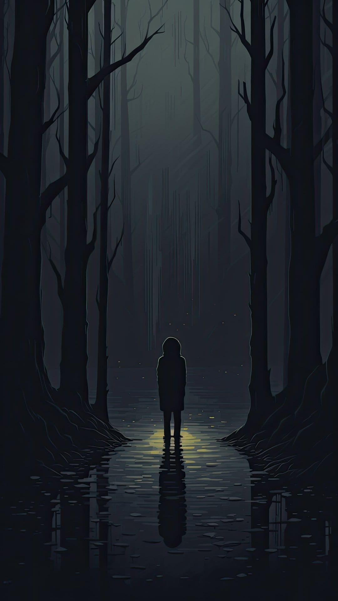 Solitary dark figure stands in a misty forest with bare trees and yellow light reflecting on wet ground.