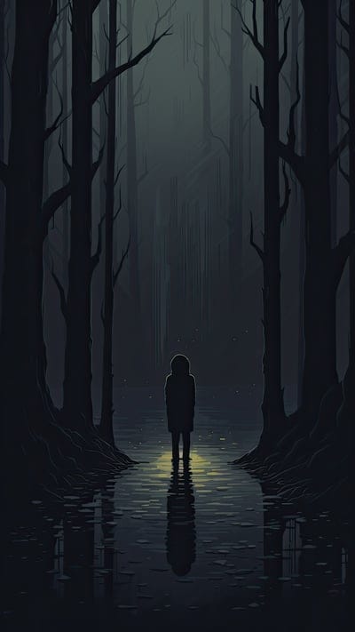 silhouette,forest,trees,water,sad,alone,dark,art