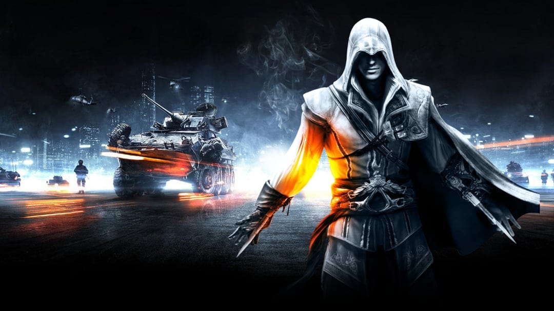 A hooded assassin with hidden blades stands before a military tank and helicopters in a blue-lit city at night.