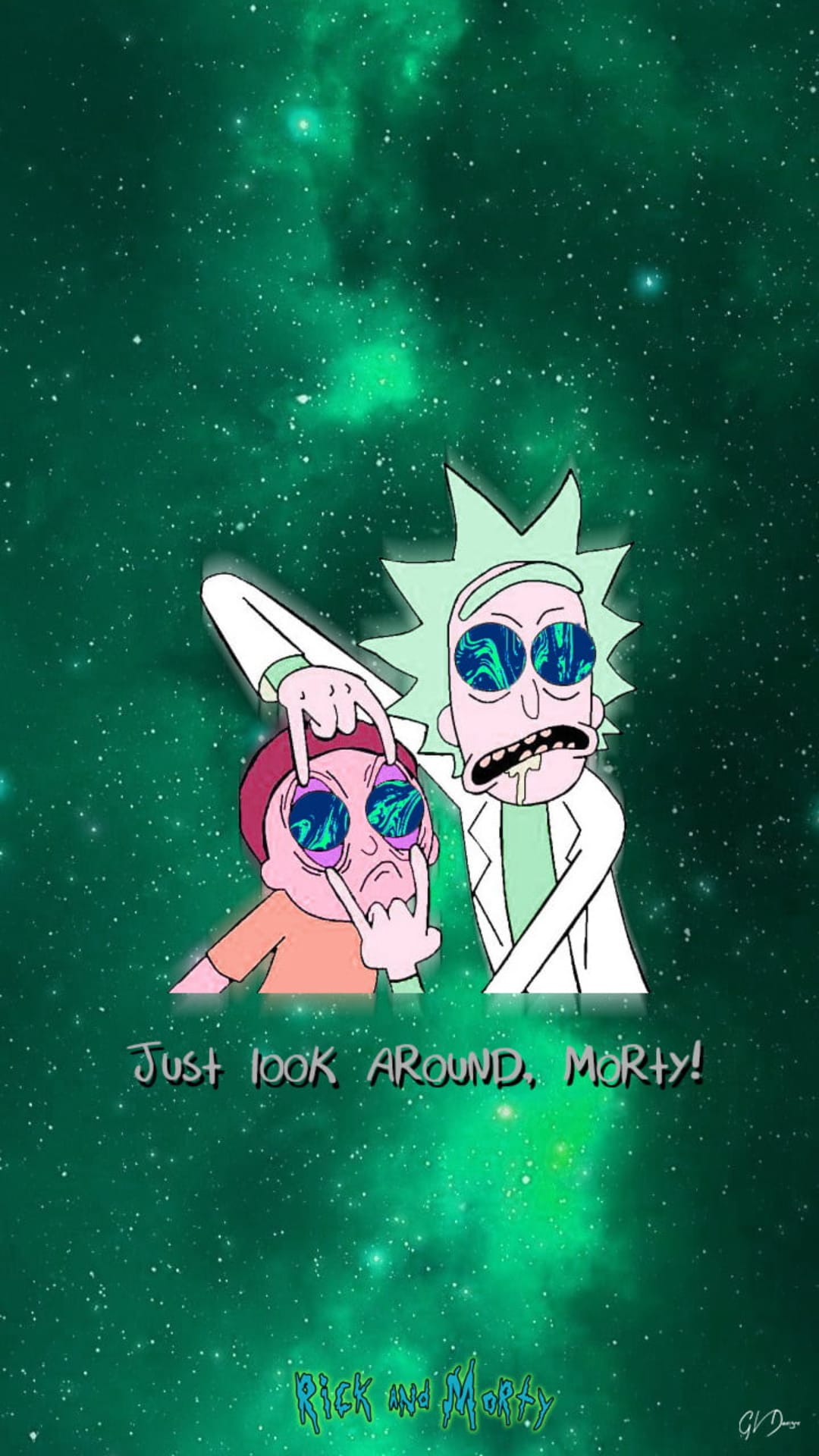 Rick Sanchez and Morty Smith with colorful patterned eyes pose against a luminous green starlit galaxy.