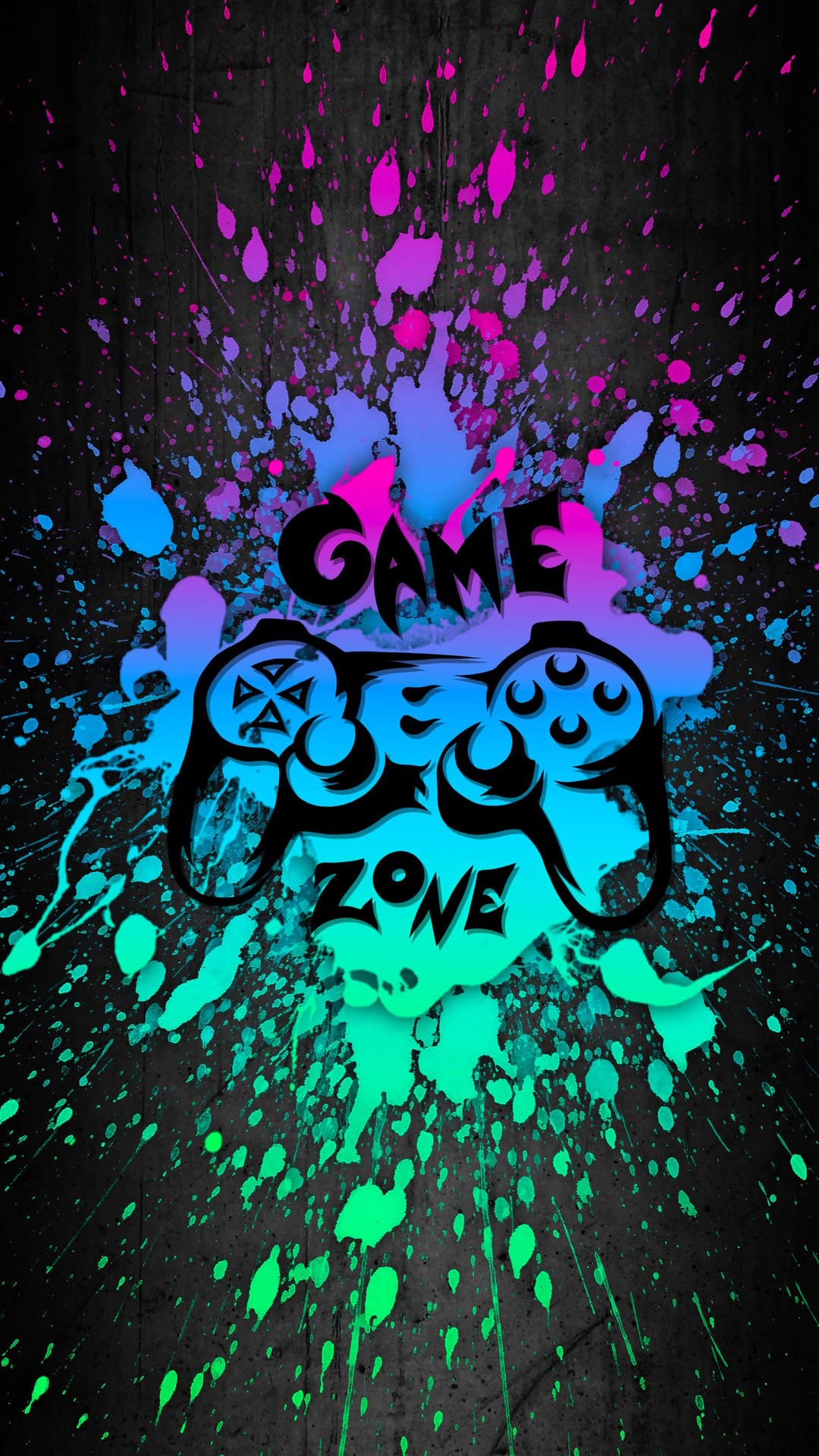 Gaming controller floats amidst neon pink and blue paint splatters with bold Game Zone text on dark textures.