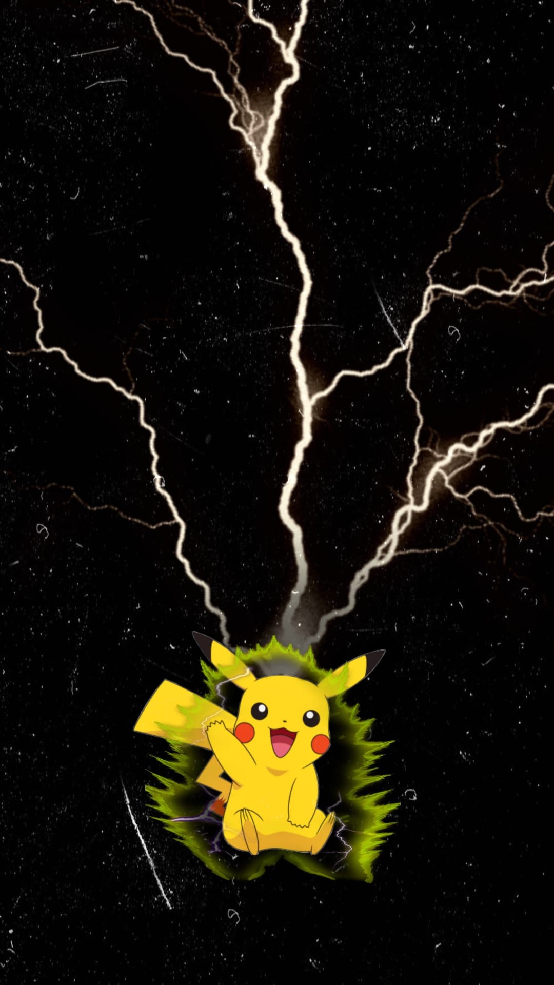 Pikachu sits amidst crackling white lightning and vibrant green energy bursts against a dark textured background.