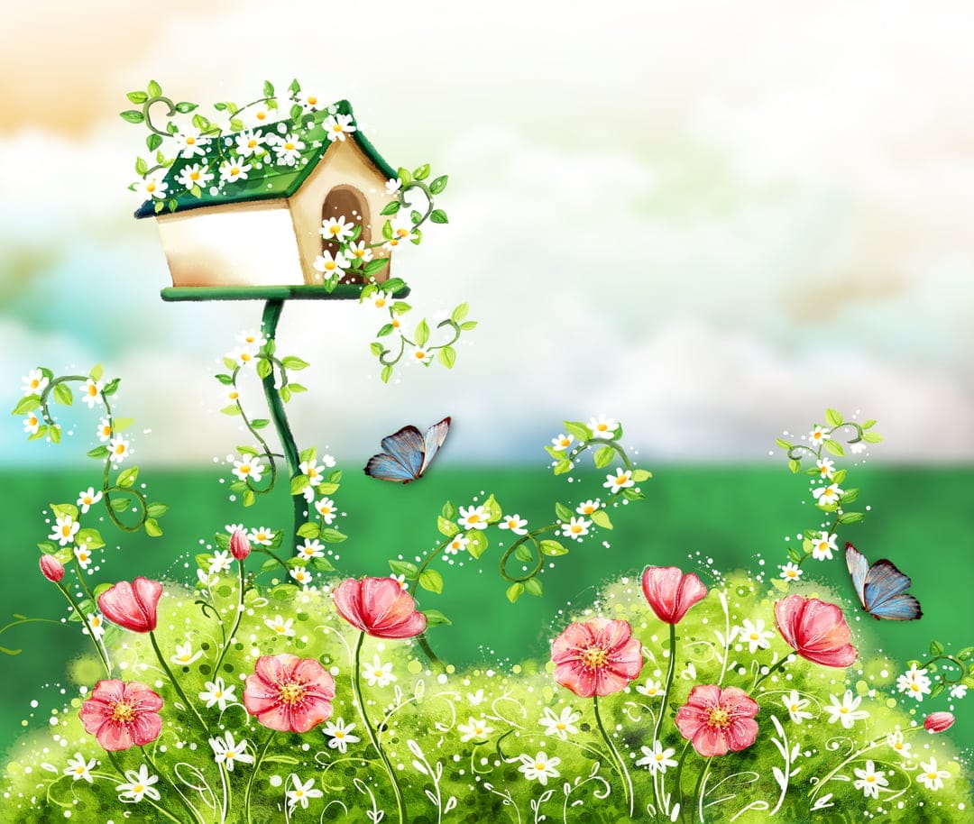 Wooden birdhouse with blue butterflies and pink poppies creates a serene vertical garden scene for mobile screens.