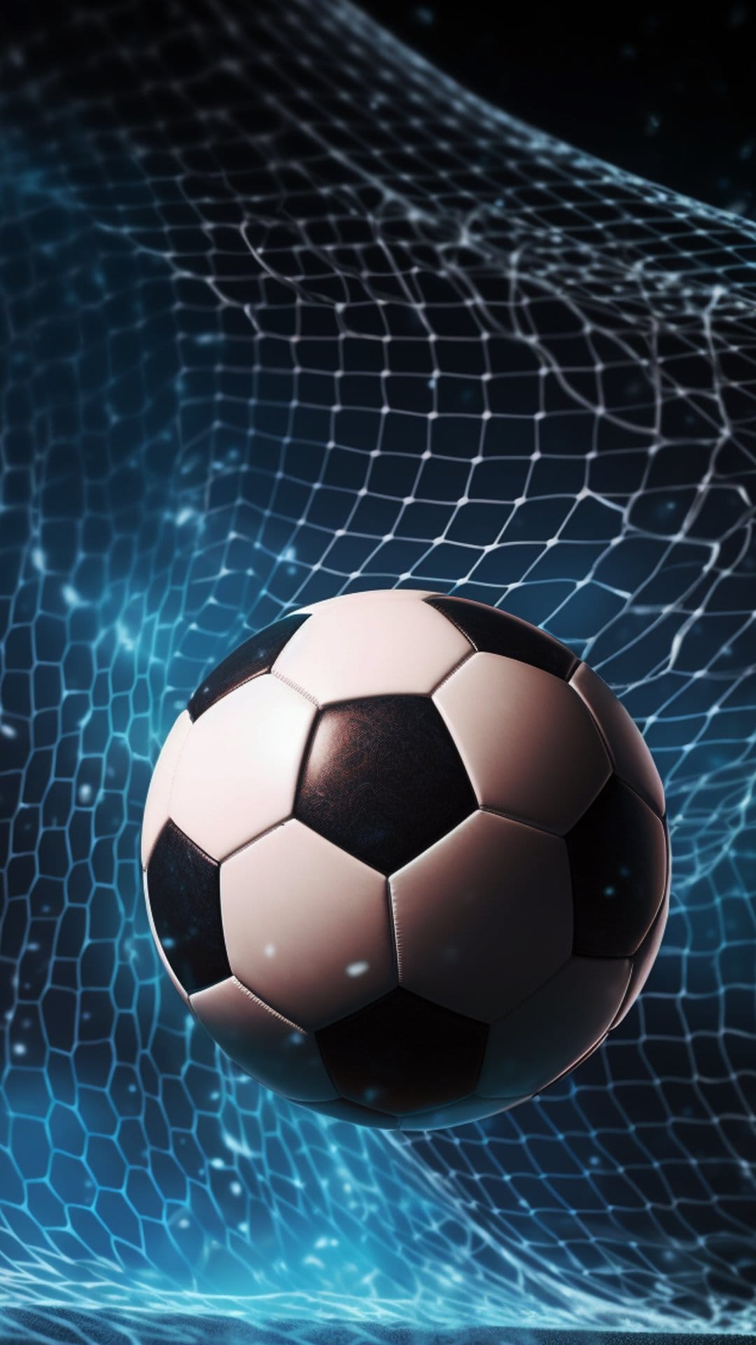 Soccer ball caught in a goal net surrounded by glowing blue lights and shimmering bokeh particles in a dark space.