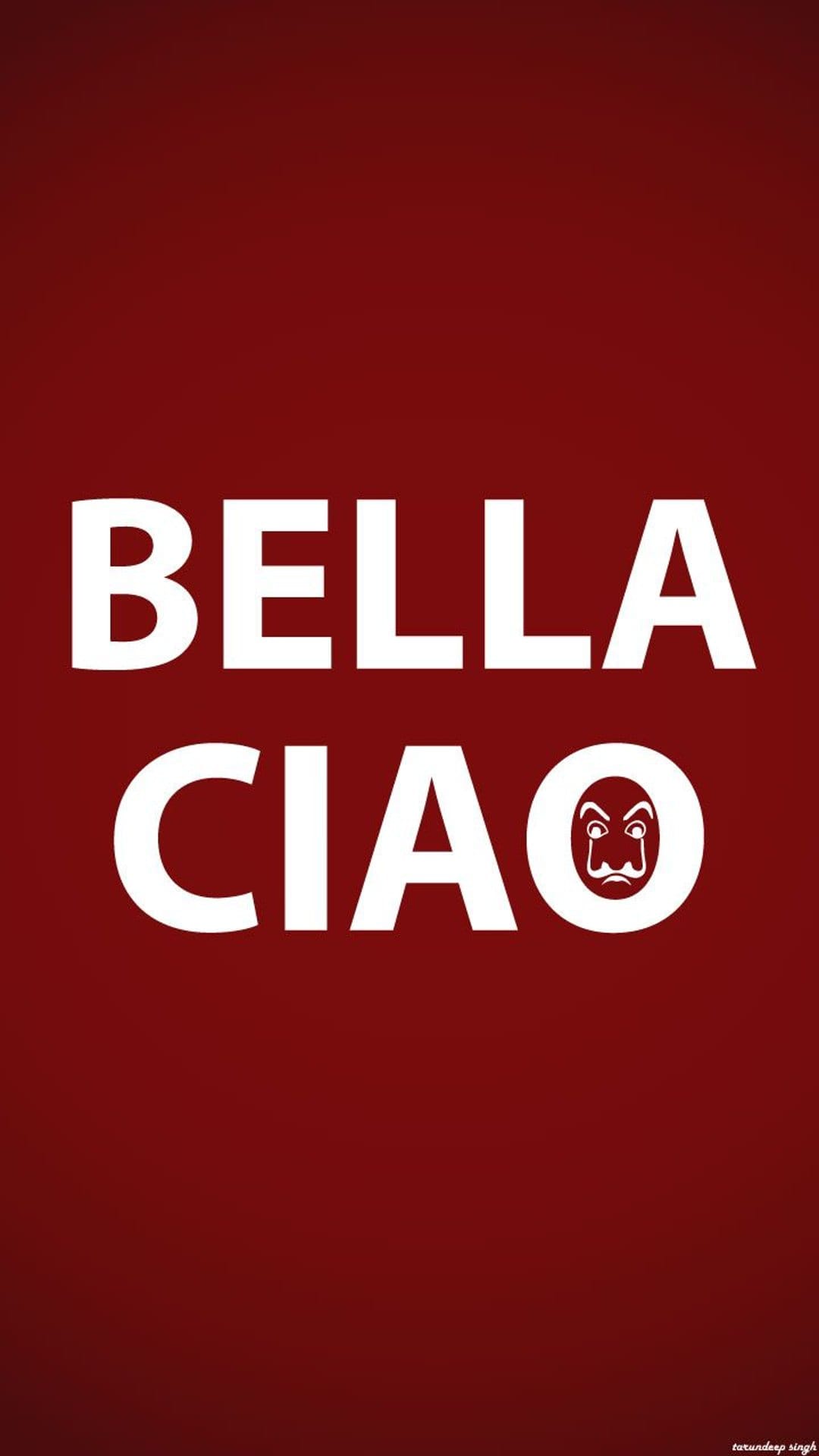 Salvador Dali mask replaces the letter O in Bella Ciao text over a solid red background for phone screens.