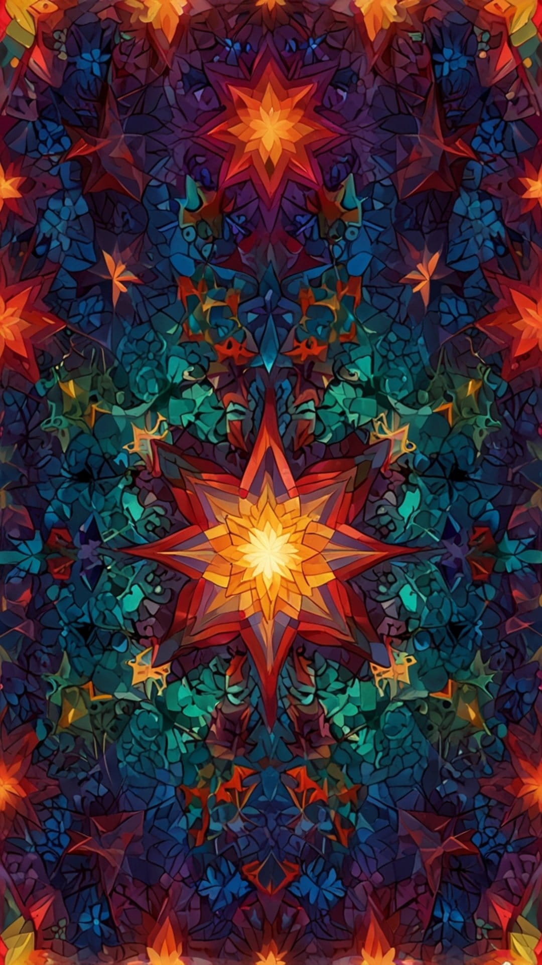 Multi-pointed orange star surrounded by blue and purple geometric stained glass patterns in a radial layout.
