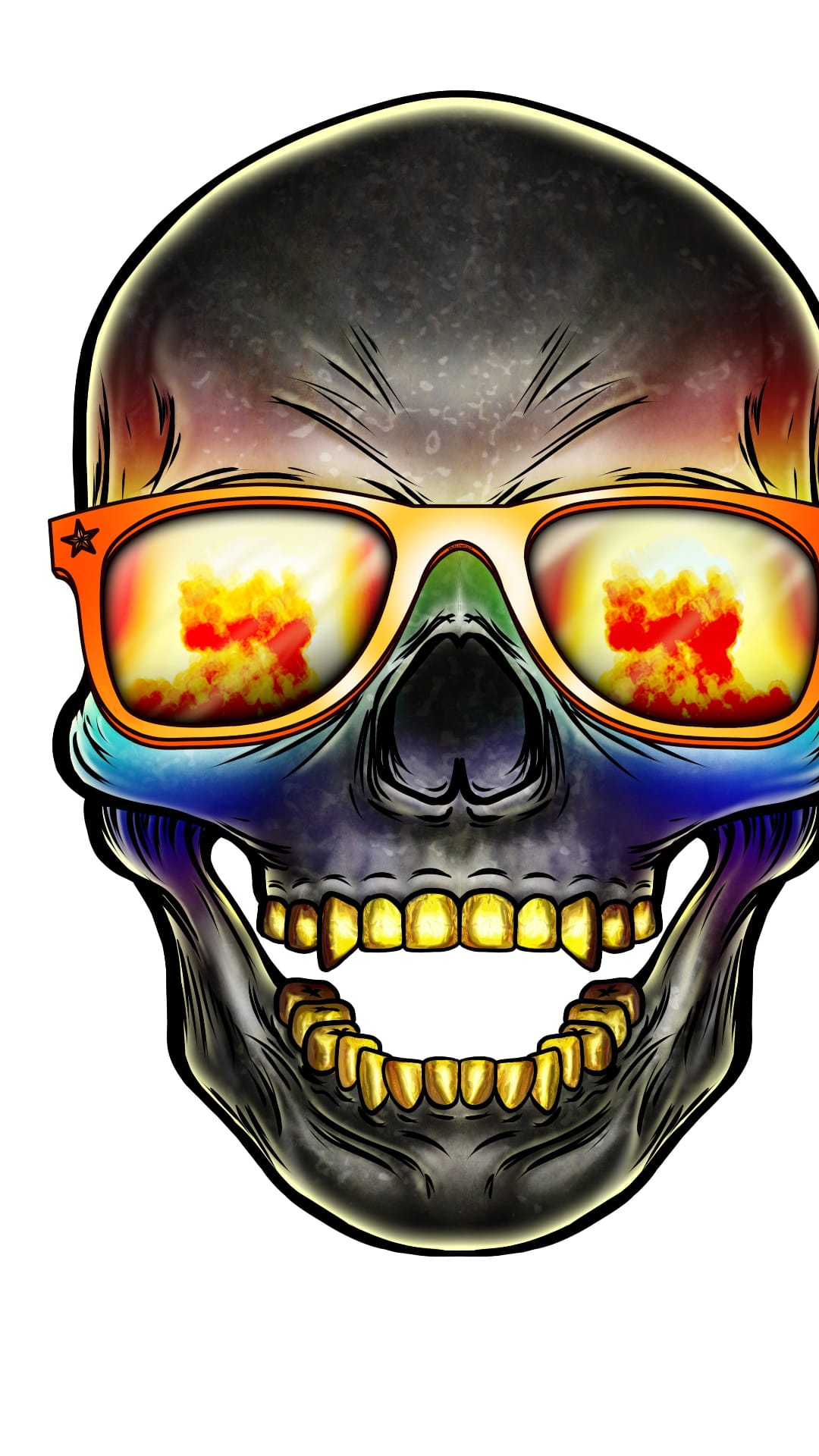 Human skull with orange sunglasses reflecting orange fire and explosions against a dark violet and blue background.
