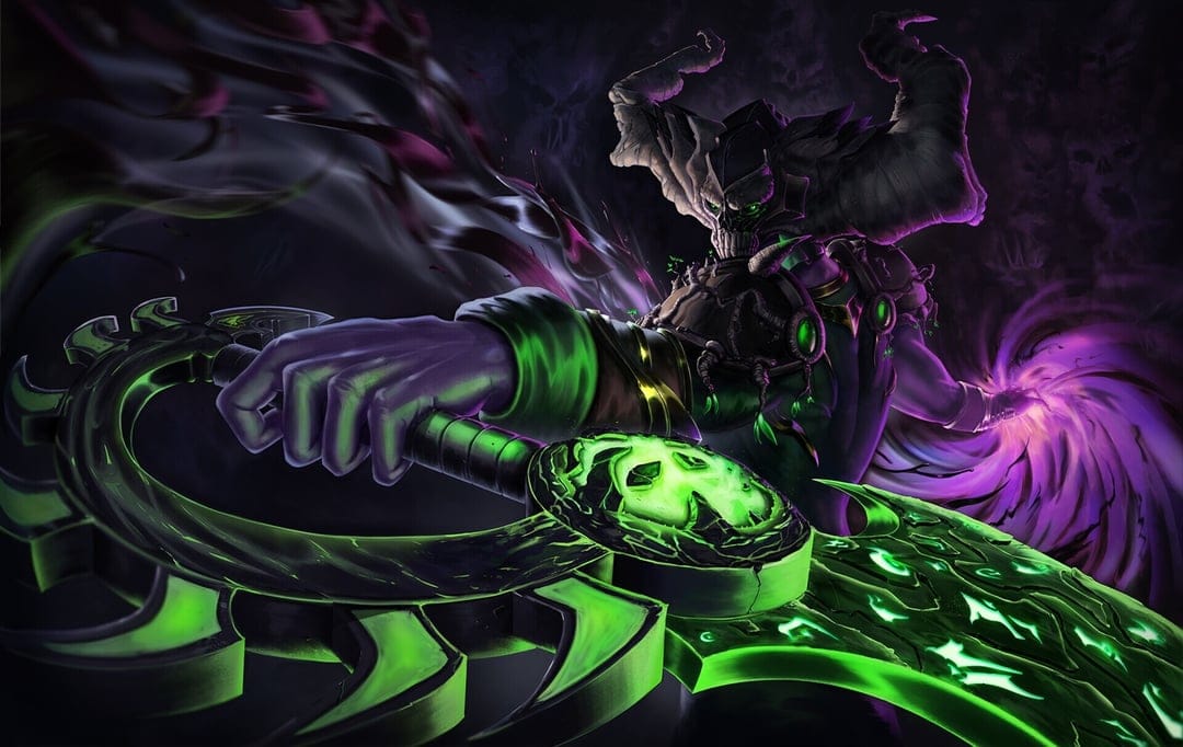 Skeletal warrior with large horns and glowing green eyes holds a massive runic blade amidst purple shadows.