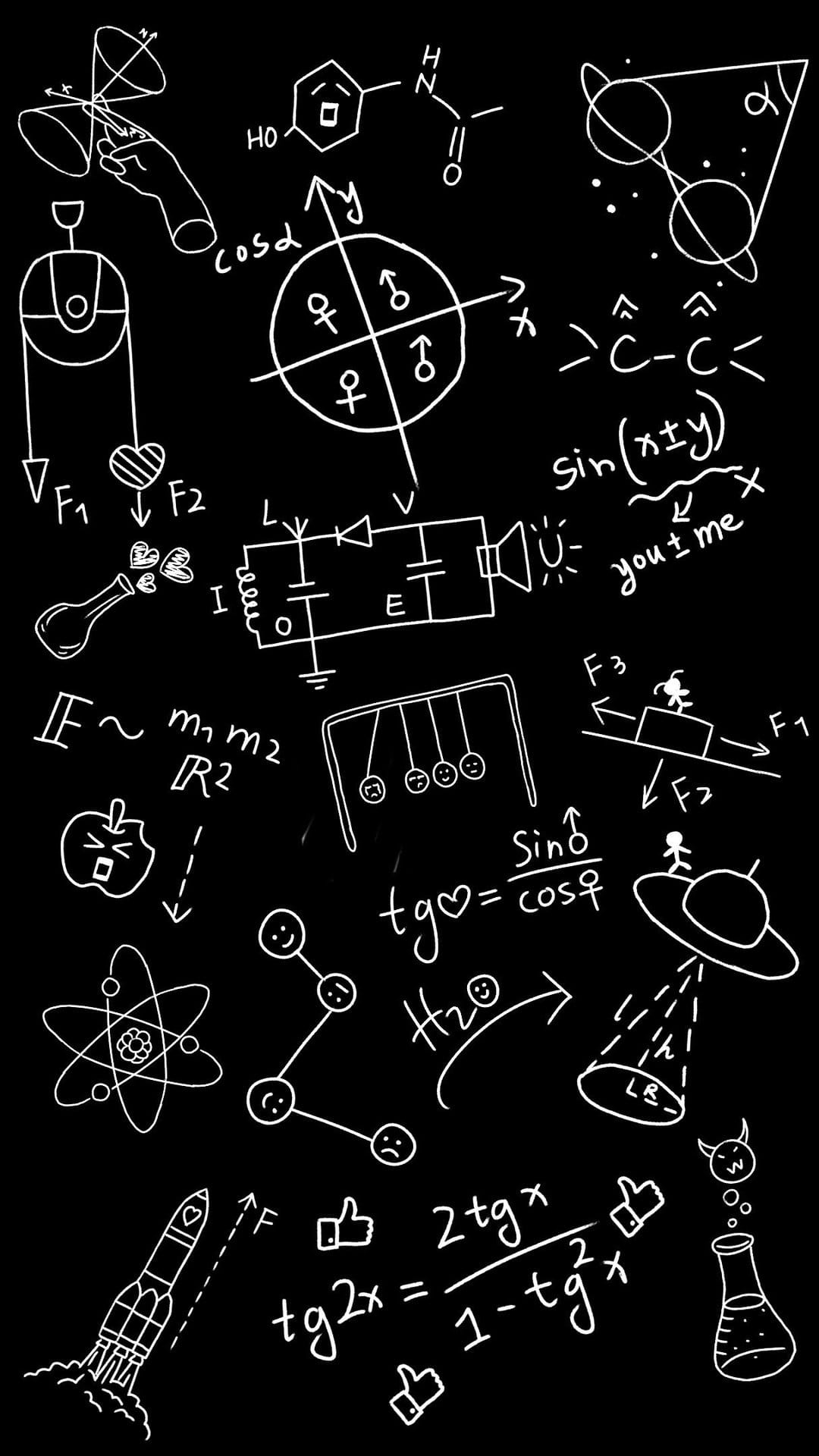 White chalk drawings of atoms, planets, and chemical formulas appear on a textured black chalkboard background.