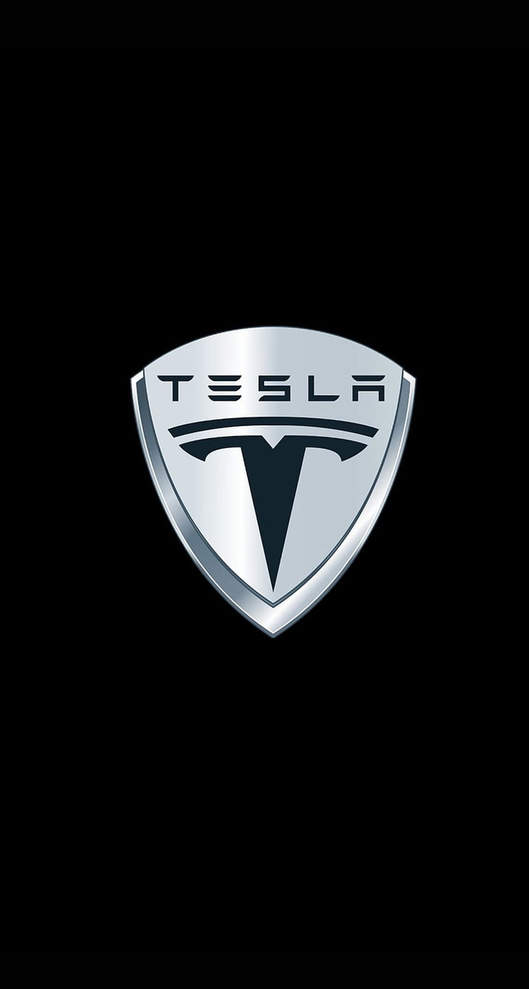 Silver Tesla T emblem inside a shield shape centered on a solid black background with metallic highlights.