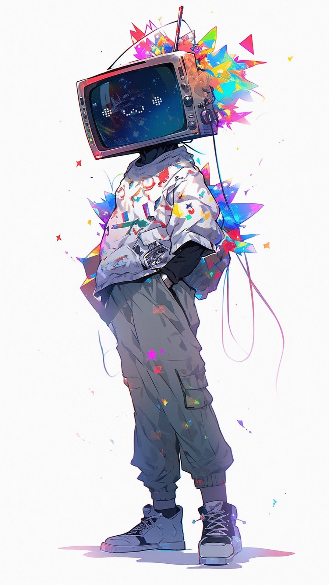 TV head character with a pixelated smile wearing a graffiti hoodie amidst colorful abstract geometric shapes.