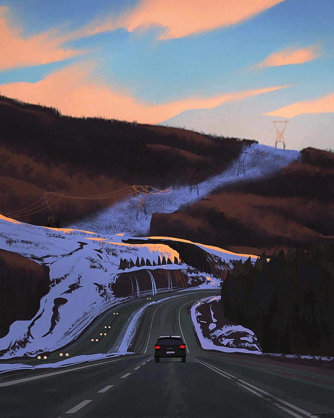 SUV with bright headlights drives on a snowy mountain road under a vibrant orange and blue winter sunset sky.