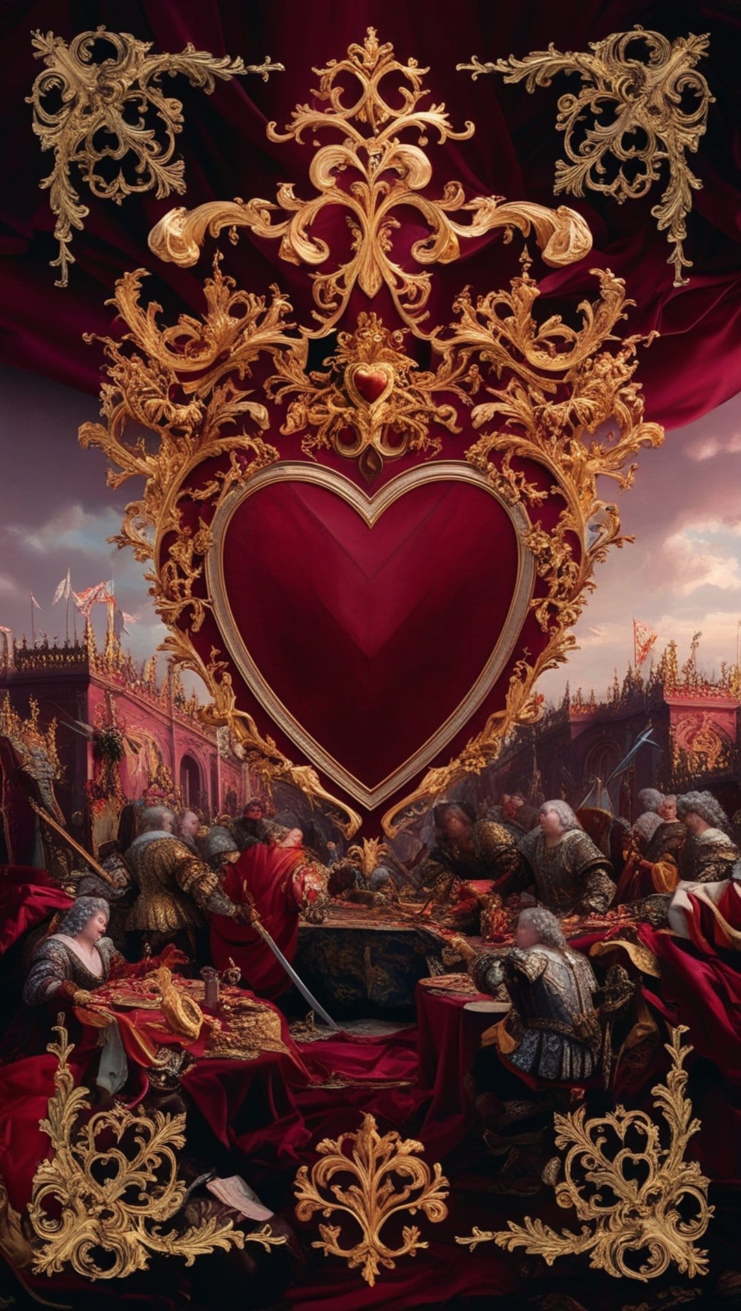 Gold filigree heart frame hovering over a renaissance banquet hall with figures in red and gold royal attire.