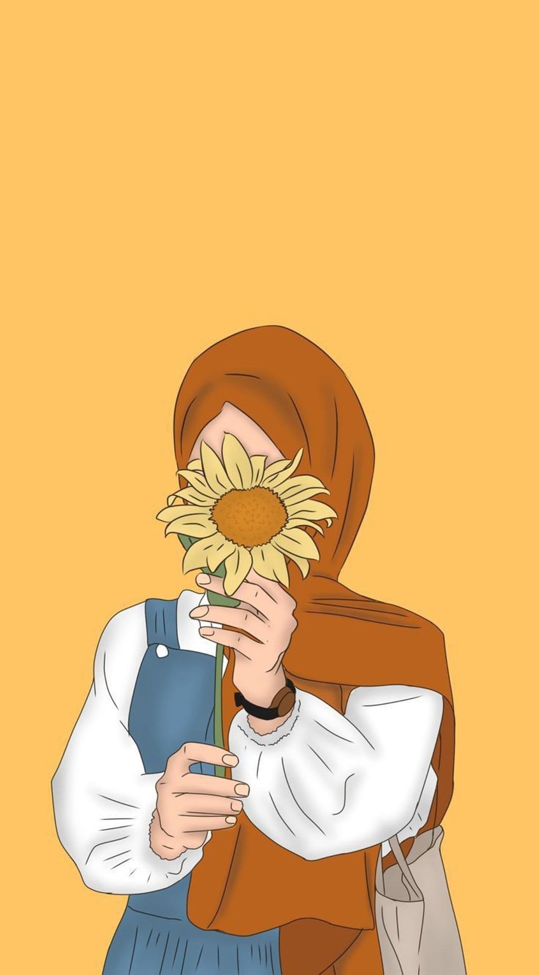 Muslim woman wearing an orange hijab and denim overalls holds a large sunflower against a solid orange background