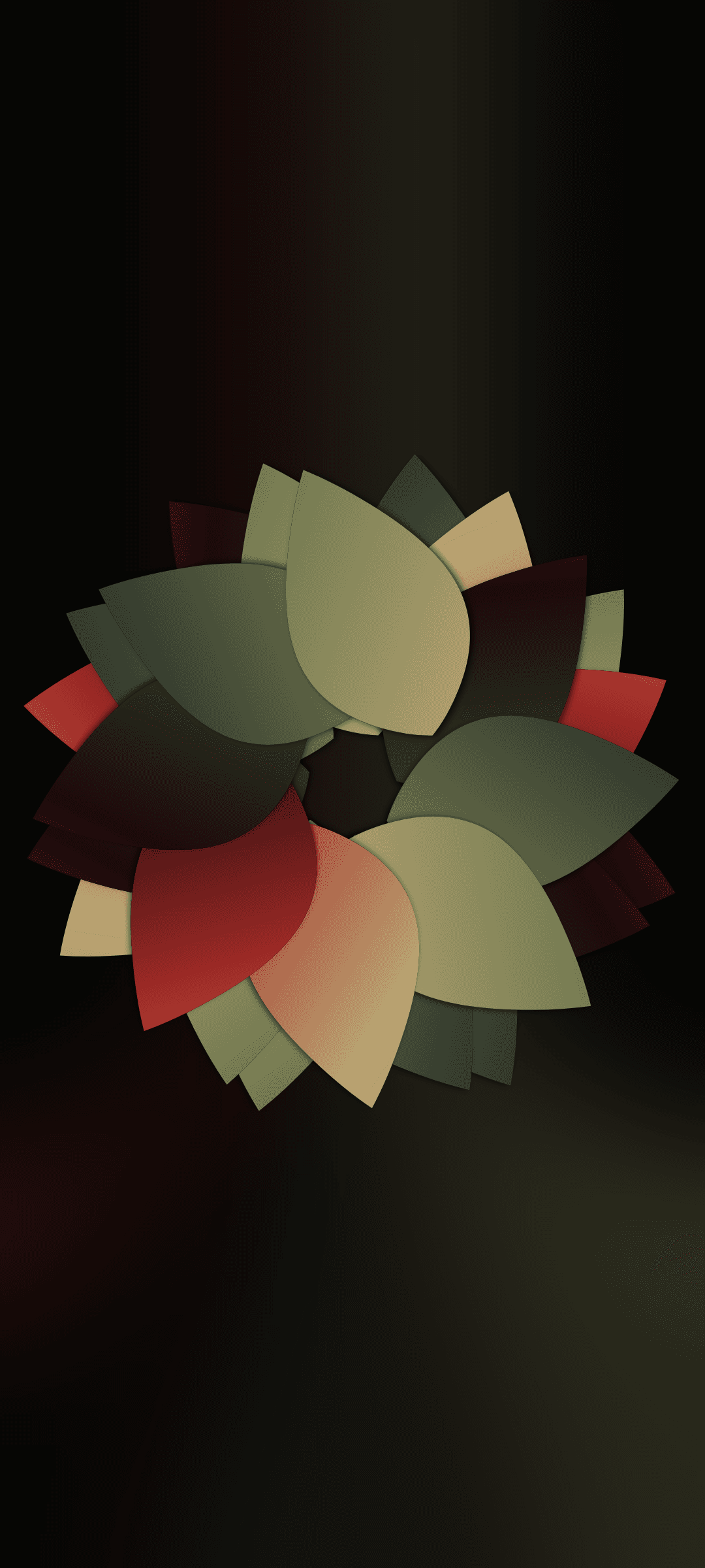 Circular arrangement of overlapping red and green leaf-like petals centered on a dark gradient background.