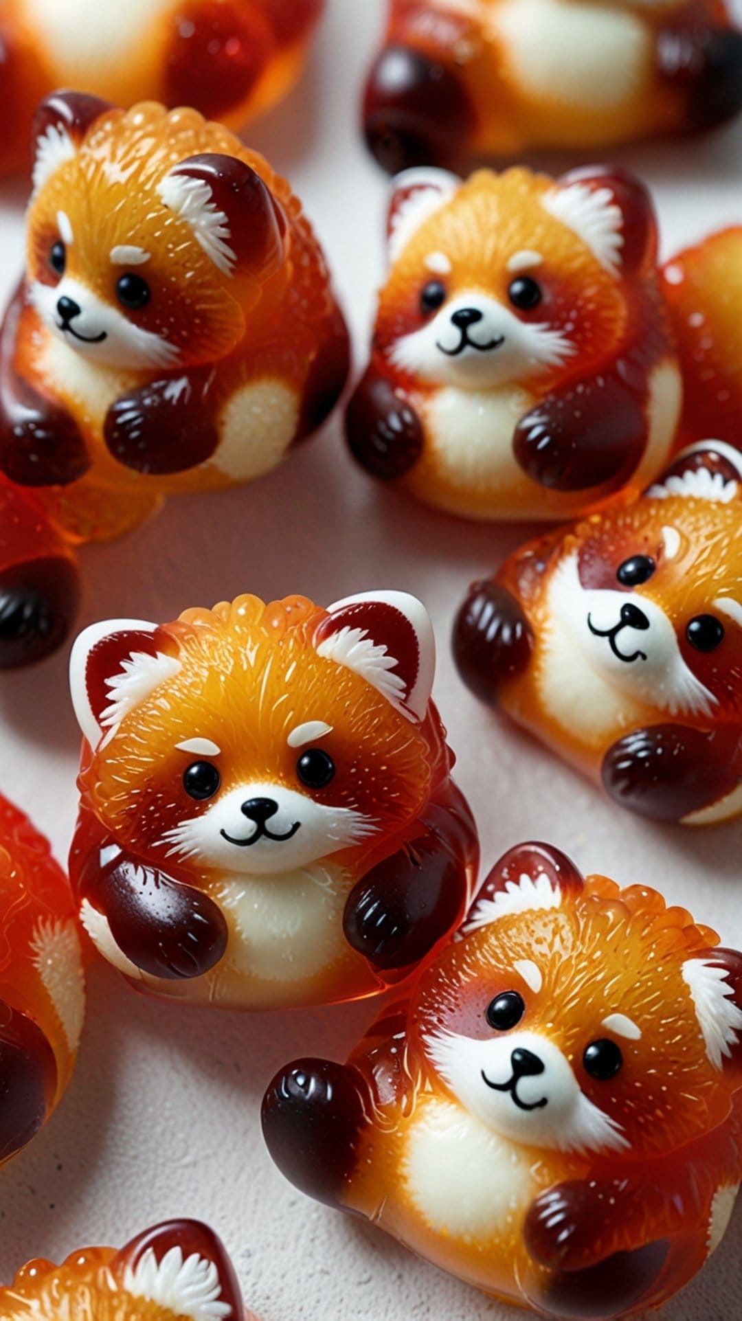 Red panda shaped gummy candies with translucent orange bodies and brown accents sit grouped on a flat surface.
