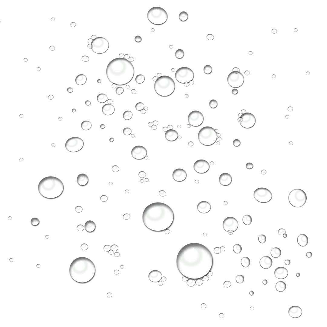 White water drop illustration featuring sharp angular highlights and spherical bubbles on a transparent layer.