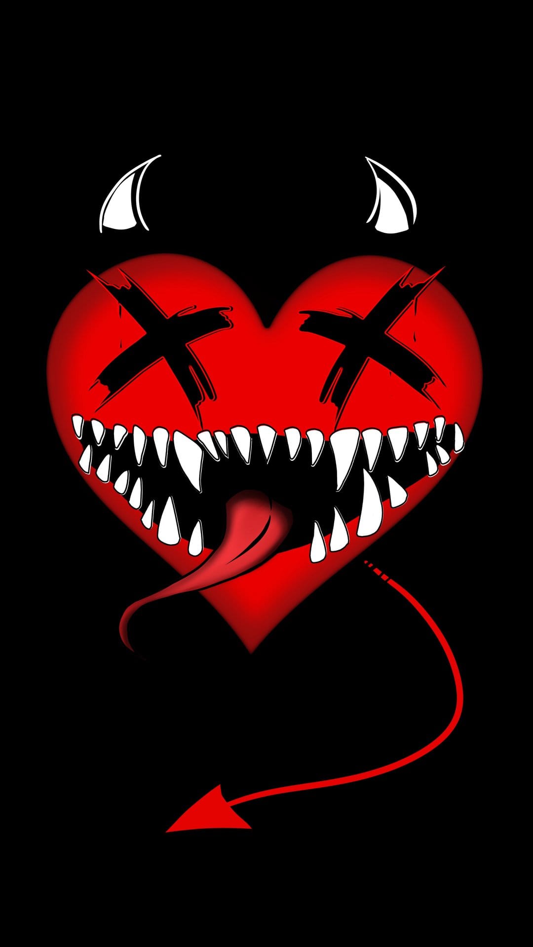 Red heart with devil horns, sharp teeth, X eyes, and a pointed tail creates a sinister character design.