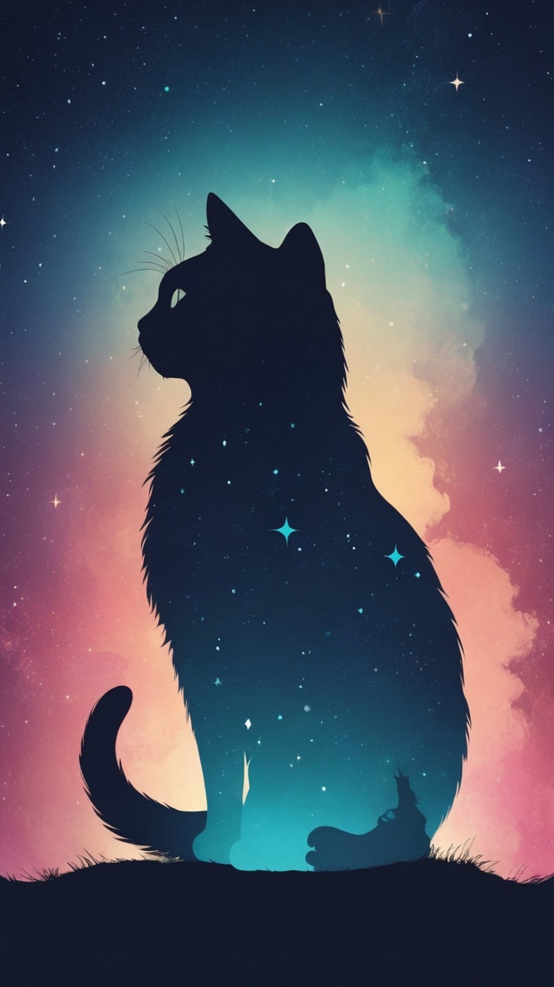 Fluffy cat silhouette filled with a glowing nebula and stars against a gradient dusk sky with cosmic clouds.