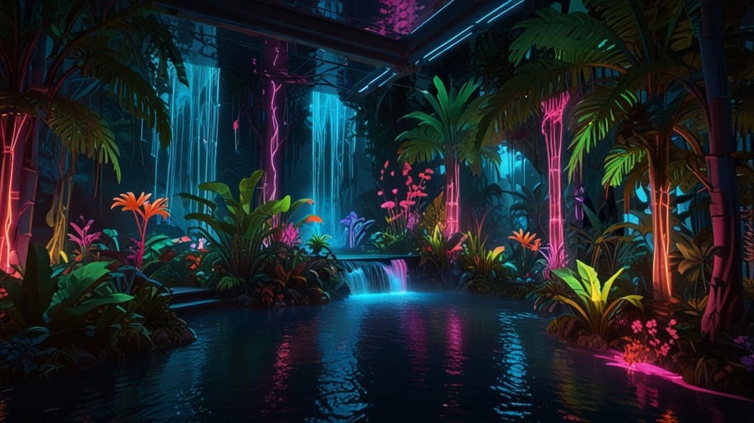 Cascading waterfall with electric blue water surrounded by pink glowing palm trees and jungle foliage at night.