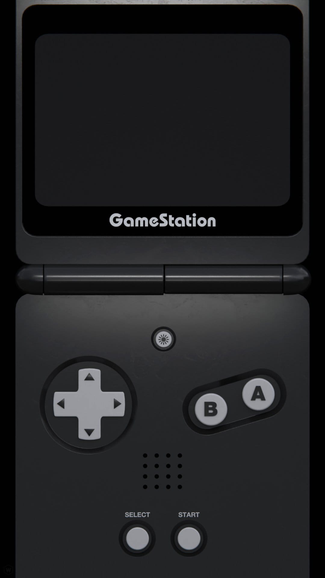 Black handheld gaming console with a clamshell hinge, a directional pad, and round action buttons on the base.