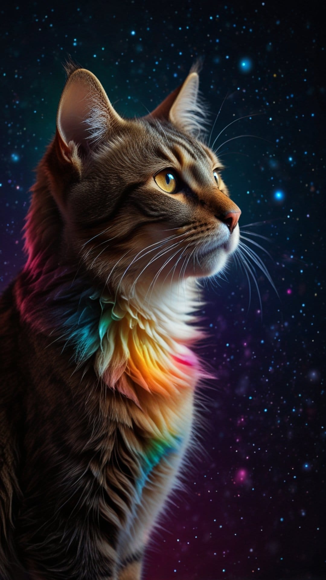 Tabby cat with a vibrant rainbow mane gazes into a deep space nebula filled with stars and purple stardust.