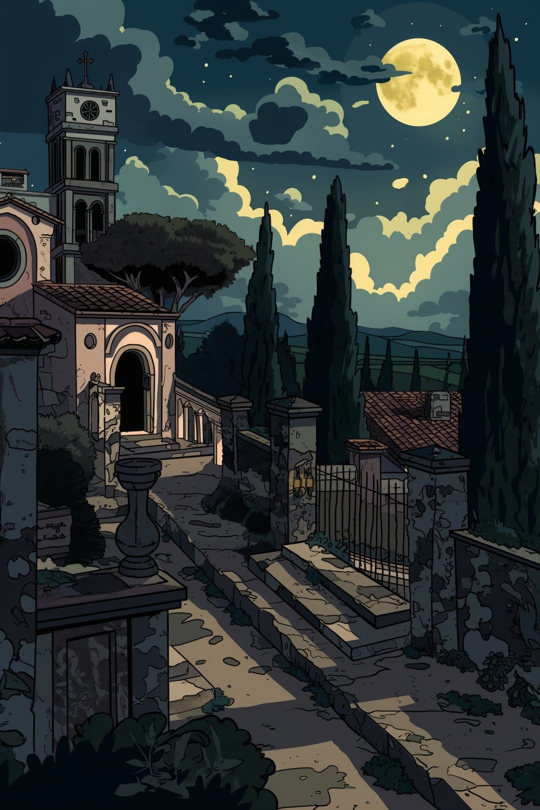 Traditional Italian villa with a tall clock tower and cypress trees under a bright moonlit cloudy night sky.