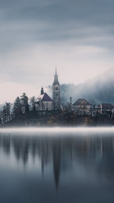 Lake Bled, Slovenia, church, fog, mystical, nature, tranquil, peaceful, atmospheric, beautiful, natural beauty, reflection, serene, moody, historic, island, travel, landmark, winter, picturesque