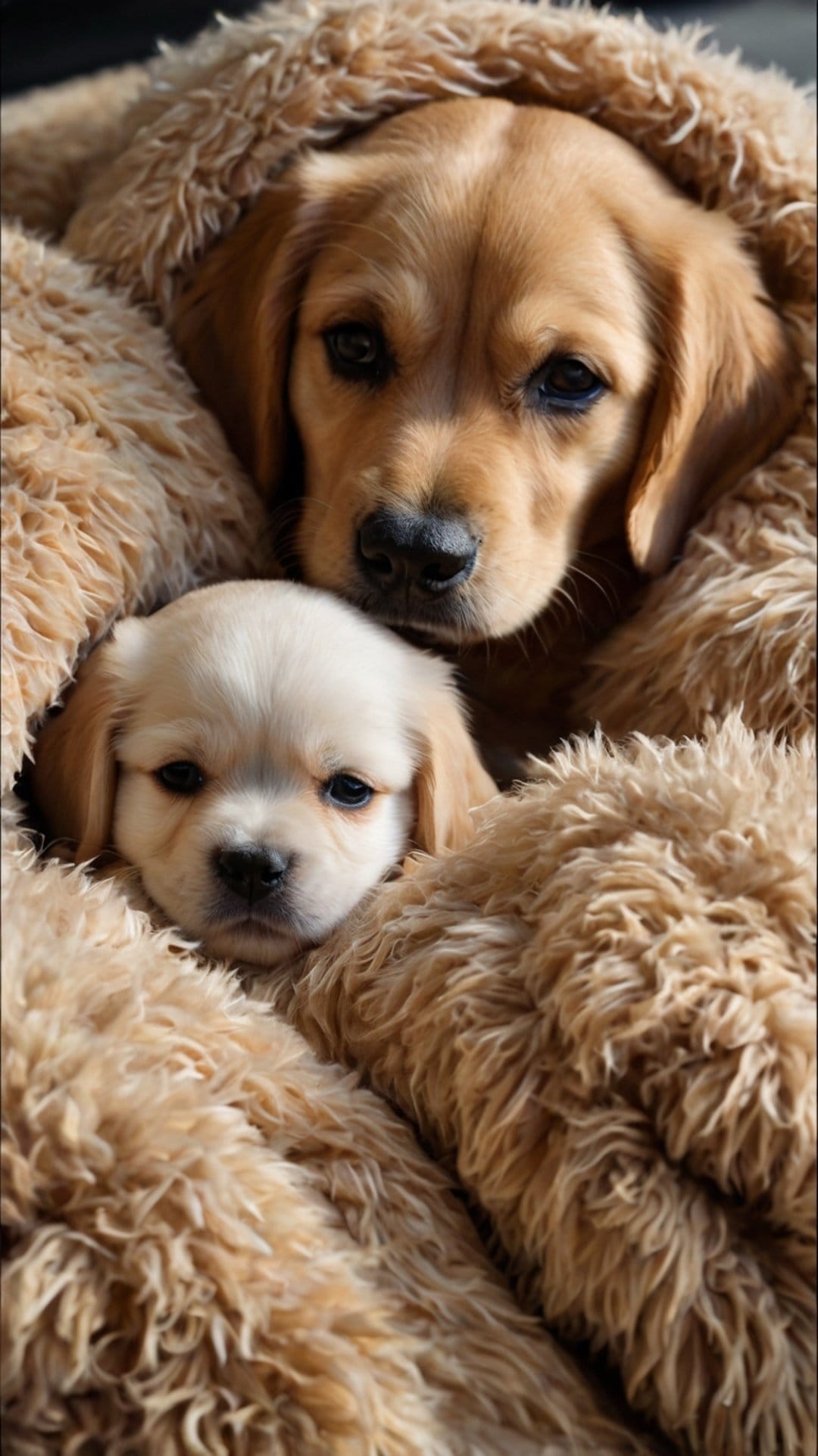 Two sleeping puppies, one golden and one cream, huddle together inside a soft, textured tan blanket.