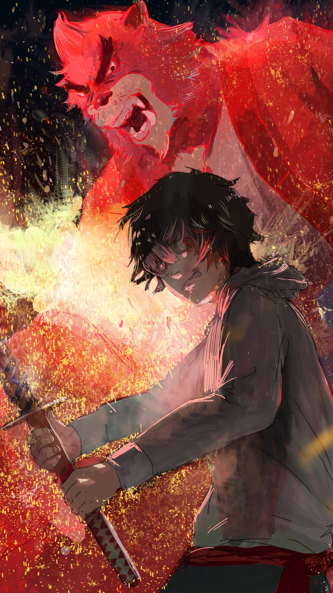 Dark-haired swordsman holds a katana as a translucent red beast looms behind him amidst swirling orange sparks.