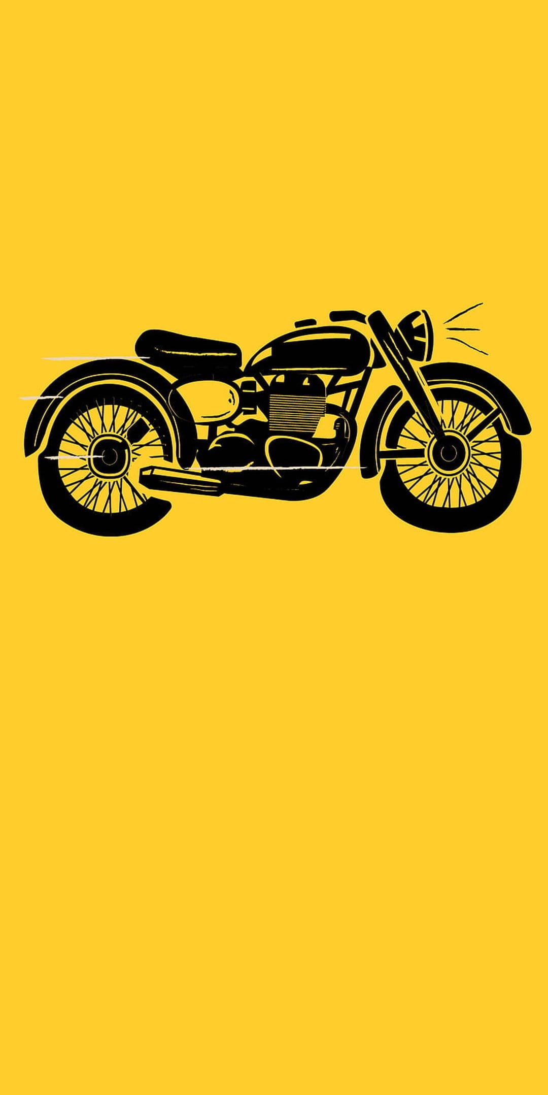 Vintage motorcycle silhouette with spoked wheels and detailed engine on a solid bright yellow background.