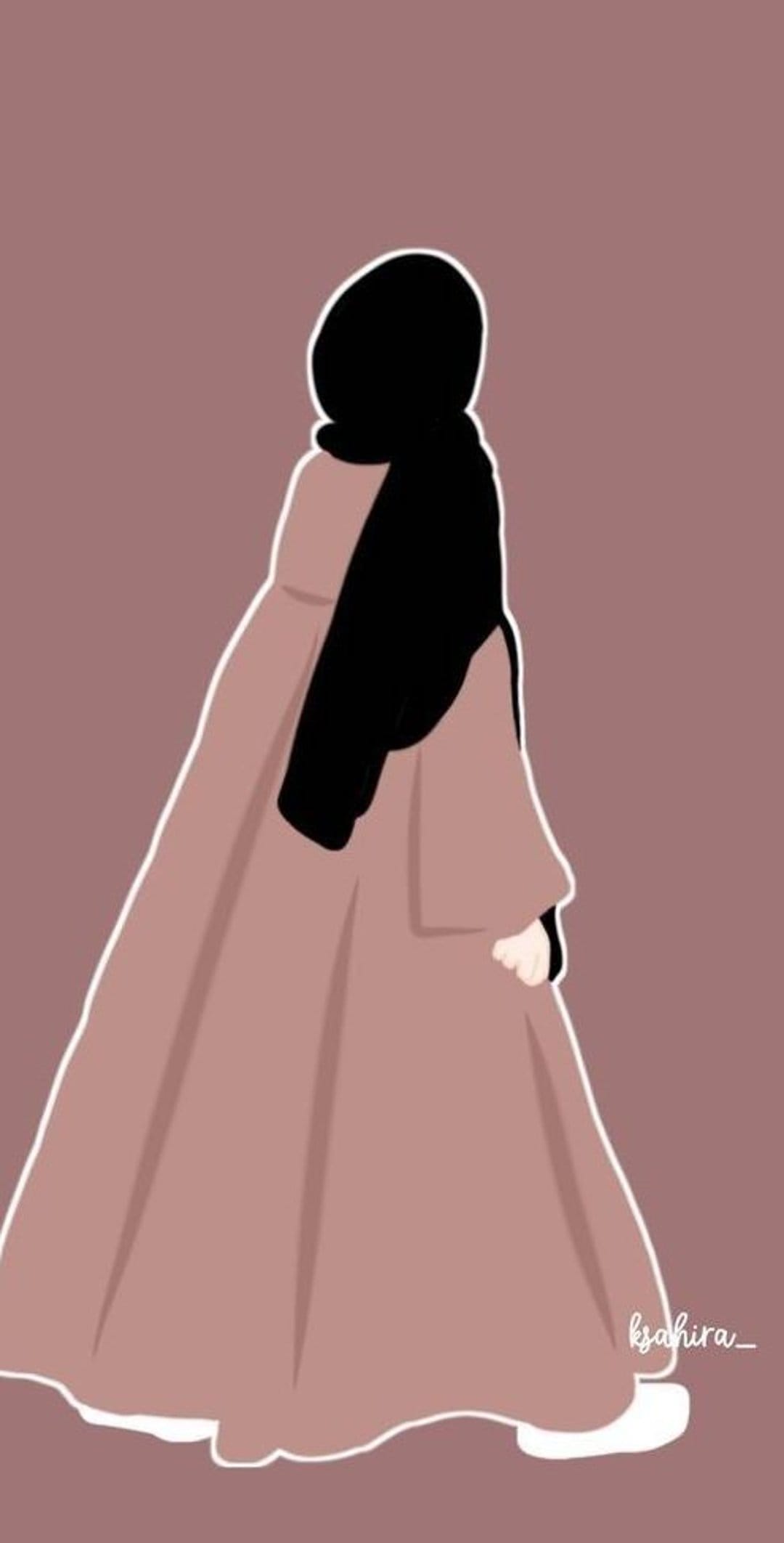 Woman from behind wearing a black hijab and long flowing dusty rose dress against a minimalist background.