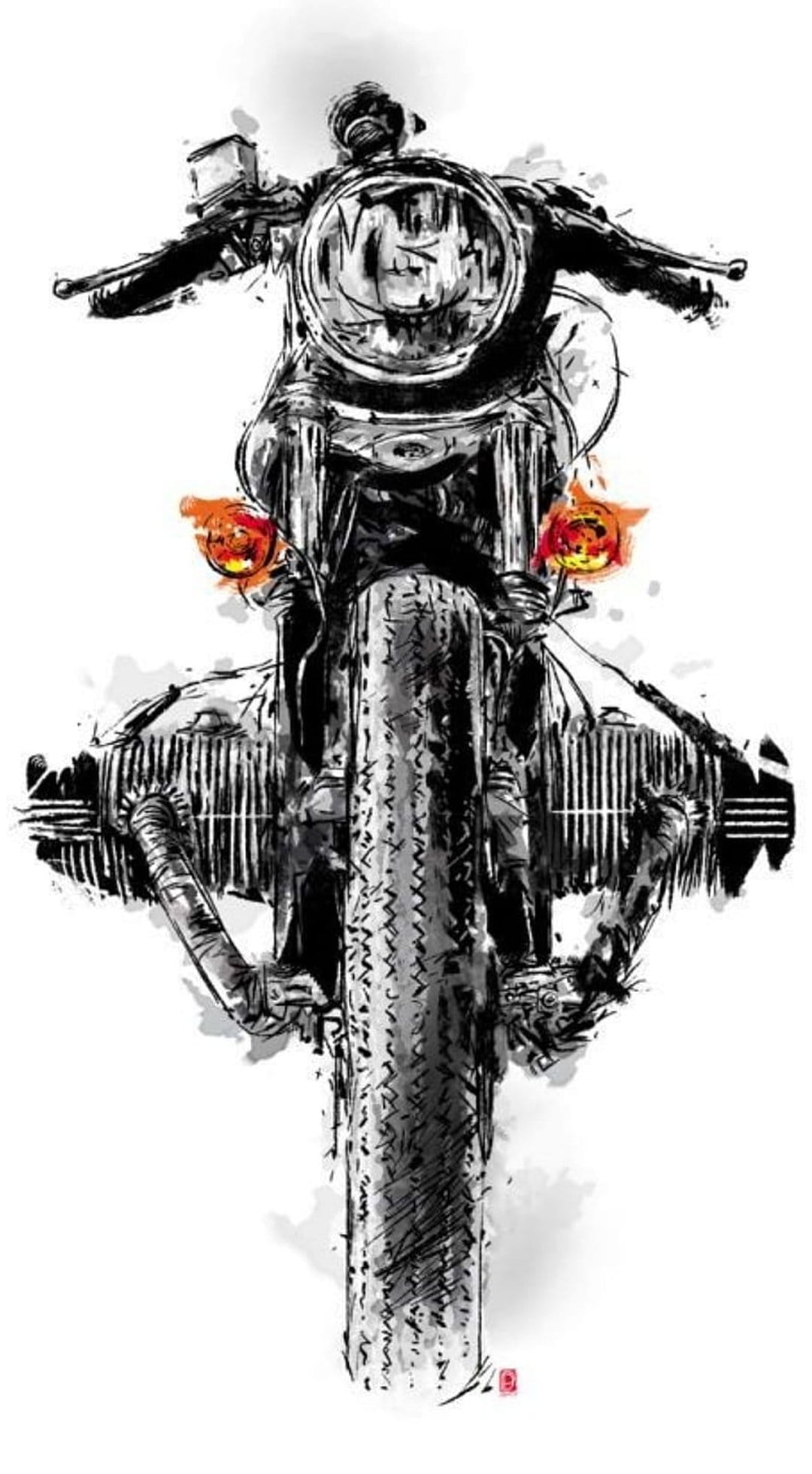 Classic motorcycle with glowing jack-o'-lantern headlights features ink brushstrokes and orange accents.