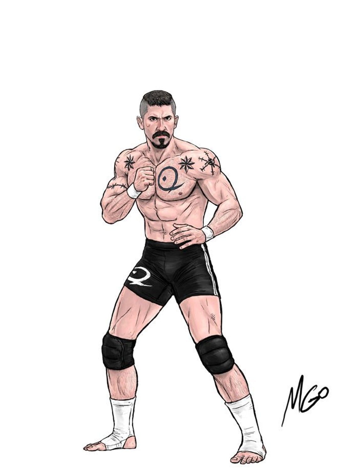 Muscular fighter with chest tattoos and goatee poses in a combat stance against a minimalist white background.