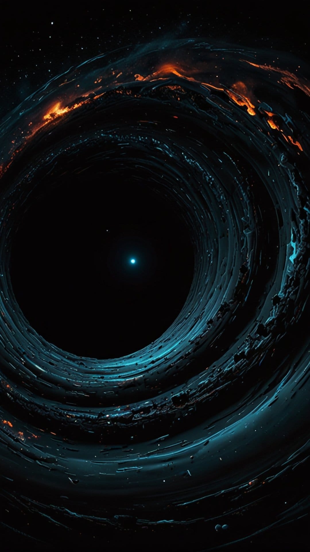 Swirling orange and blue plasma rings surround a dark singularity against a dense backdrop of distant stars.