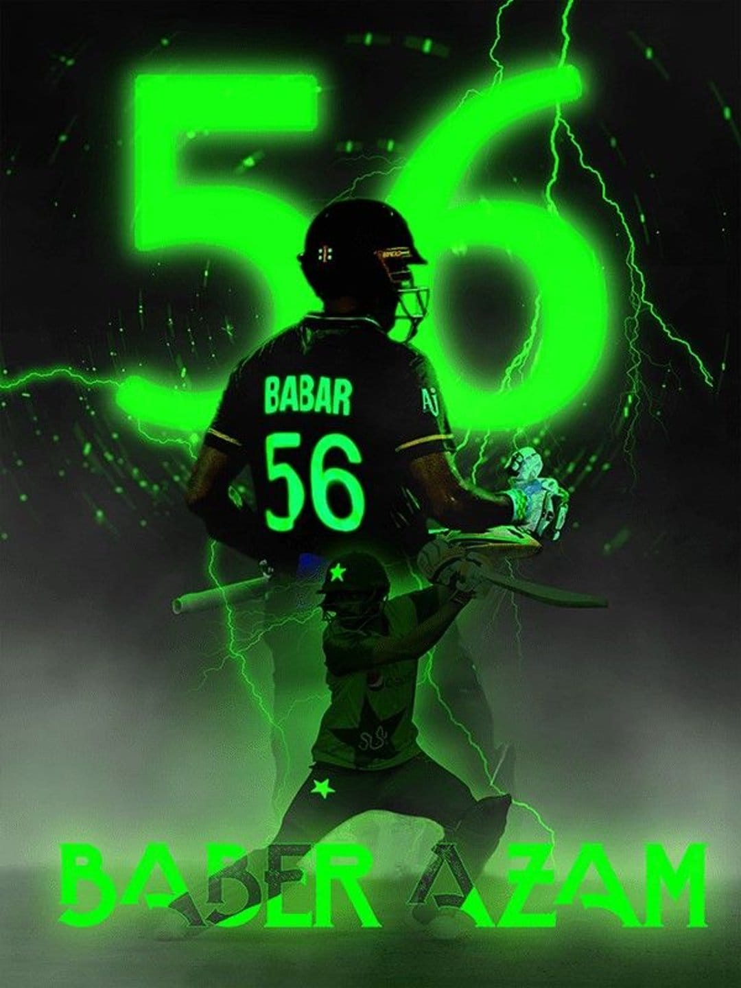 Babar Azam in a green cricket kit stands before a glowing number 56 with electric lightning bolt accents.
