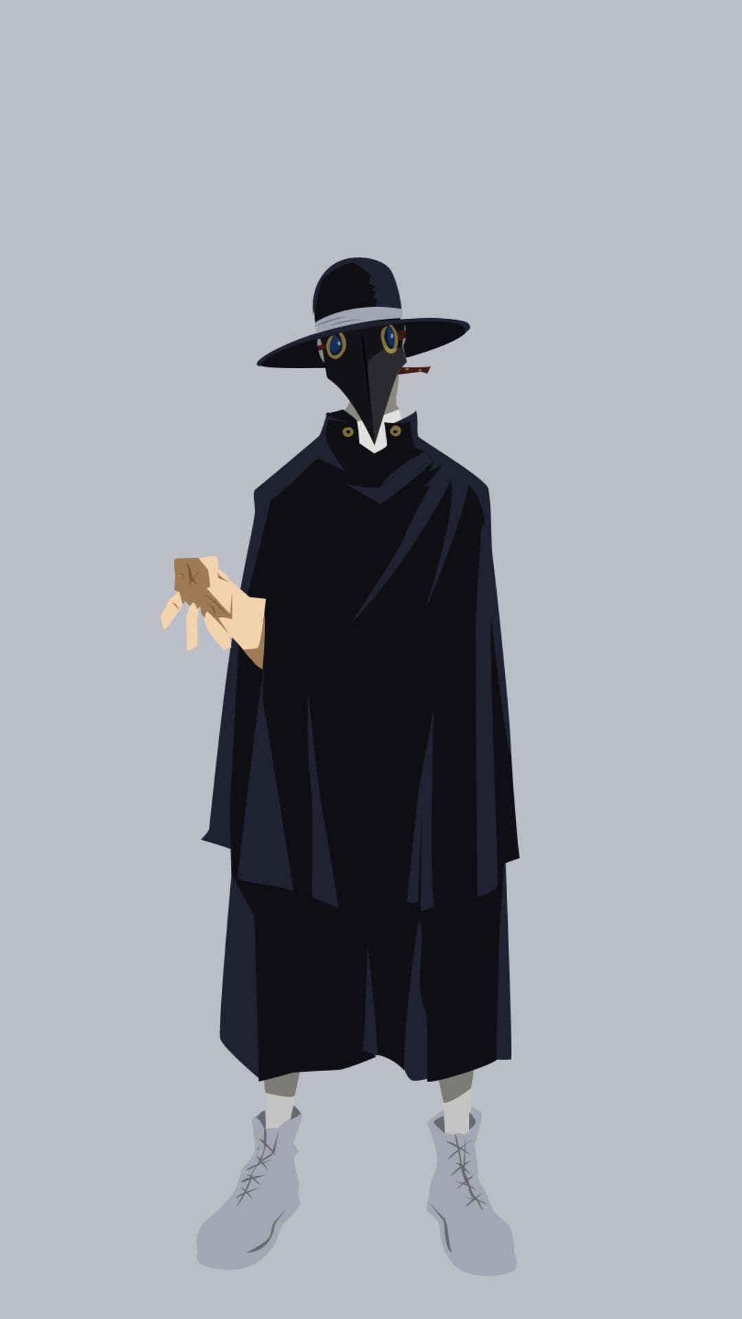 Shin Nemoto in a plague doctor mask and black coat reaches forward against a solid light grey background.