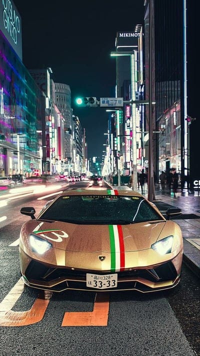Gold Aventador, lamborghini, car, supercar sports, new, tokyo, night, mobile wallpaper, android wallpaper, iPhone wallpaper, phone wallpaper